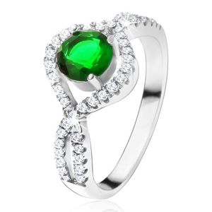 Srebrny pierścionek 925, okrągły zielony kamień, podkręcone cyrkoniowe ramiona - Rozmiar : 49