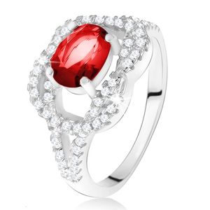 Srebrny pierścionek 925, owalny rubinowy kamień, cyrkoniowy węzeł - Rozmiar : 52