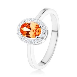Srebrny pierścionek 925, pomarańczowa owalna cyrkonia, przezroczysta lśniąca obwódka - Rozmiar : 48
