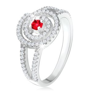 Srebrny pierścionek 925, przezroczysta cyrkoniowa spirala, rubinowy kamyczek - Rozmiar : 60