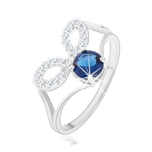 Srebrny pierścionek 925, rozdzielone ramiona, przejrzyste zarysy ziarenek, ciemnoniebieska cyrkonia - Rozmiar : 48