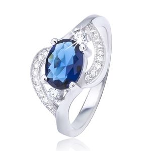 Srebrny pierścionek 925 z owalnym oczkiem w kolorze niebieskim, falowane ramiona - Rozmiar : 57