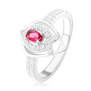 Srebrny pierścionek 925, zarys spiczastej łzy, różowa cyrkonia, linia w kształcie "V" - Rozmiar : 60