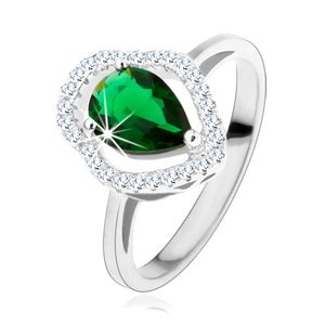 Srebrny pierścionek 925, zielona cyrkoniowa kropelka, przezroczysty błyszczący zarys - Rozmiar : 54