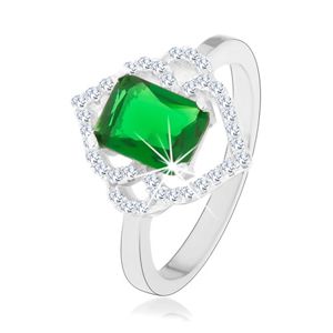 Srebrny pierścionek 925, zielona prostokątna cyrkonia, przejrzyste zarysy listków, łuki - Rozmiar : 49