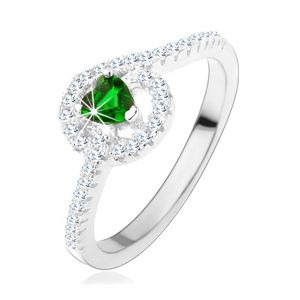 Srebrny pierścionek 925, zielone cyrkoniowe serduszko, błyszczące pasy - Rozmiar : 58