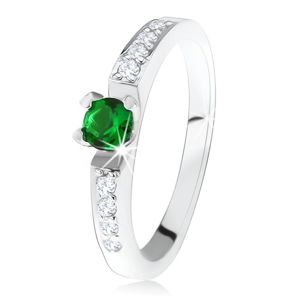 Srebrny pierścionek zaręczynowy 925, okrągły zielony kamyczek, linie przeźroczystych cyrkonii - Rozmiar : 59