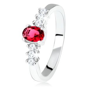 Srebrny pierścionek zaręczynowy 925, owalny czerwony kamyczek, przeźroczyste cyrkonie - Rozmiar : 51