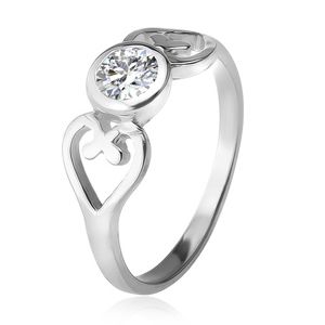 Srebrny pierścionek, zarysy serc, okrągła cyrkonia w oprawie, srebro 925 - Rozmiar : 56
