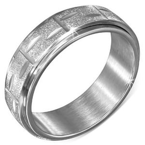Srebrny pierścionek ze stali - obracający się środkowy pas z rysami - Rozmiar : 64