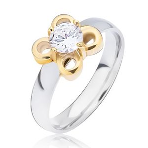 Srebrny pierścionek ze stali, złoty kwiatek z przeźroczystym oczkiem - Rozmiar : 51