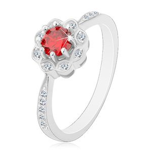 Srebrny rodowany pierścionek 925, błyszczący kwiatek z czerwono-różową cyrkonią - Rozmiar : 65