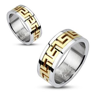 Srebrny stalowy pierścionek - złoty grecki motyw - Rozmiar : 49