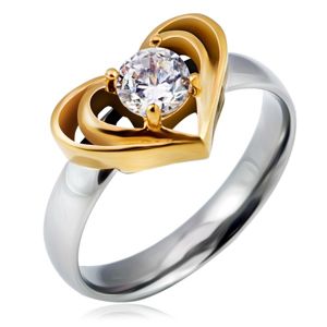 Srebrny stalowy pierścionek ze złotym podwójnym sercem, przeźroczysta cyrkonia - Rozmiar : 59