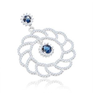 Srebrny wisiorek 925, duży lśniący zarys kwiatu, okrągłe niebieskie cyrkonie