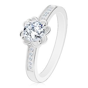 Srebrny zaręczynowy pierścionek 925, przezroczysty błyszczący kwiatek, ozdobione ramiona - Rozmiar : 50