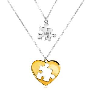Srebrny zestaw 925 - dwa naszyjniki, puzzle z napisem, serce z rzeźbionym puzzlem pośrodku