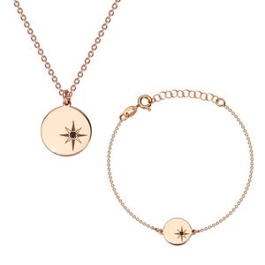 Srebrny zestaw 925, różowo-złoty odcień - bransoletka i naszyjnik, kółko, Gwiazda Polarna i diament
