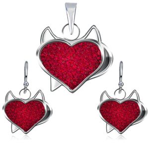 Srebrny zestaw 925 zawieszka i kolczyki - czerwone cyrkoniowe serce, diabełek