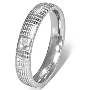 Srebrzysty pierścionek z przeźroczystym oczkiem i kratką - Rozmiar : 55