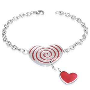 Stalowa bransoletka - czerwone serce ze spiralą, łańcuszek