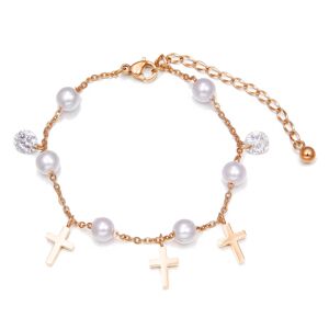 Stalowa bransoletka miedzianego koloru - krzyżyk, syntetyczne perły, bezbarwne cyrkonie