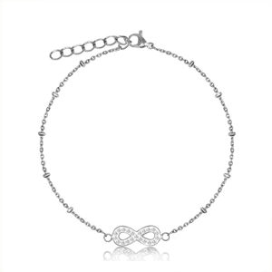 Stalowa bransoletka srebrnego koloru - symbol nieskończoności z kryształkami, delikatny łańcuszek z koralikami