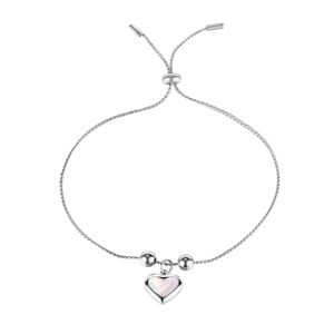 Stalowa bransoletka, srebrny kolor - cienki łańcuszek, gładkie kuleczki, zawieszka w kształcie serca