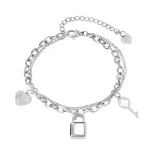 Stalowa bransoletka w kolorze srebrnym - serce z uśmiechniętą buzią, kłódka i klucz, podwójny łańcuszek