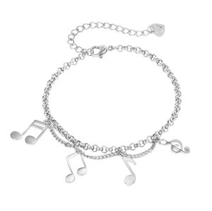 Stalowa bransoletka z motywem muzycznym - nuty i klucz wiolinowy, buźka w kształcie serca, srebrny kolor