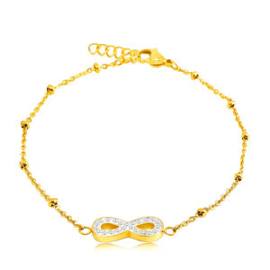 Stalowa bransoletka złotego koloru - subtelny łańcuszek z koralikami, symbol nieskończoności z cyrkoniami