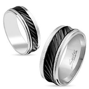 Stalowa obrączka srebrnego koloru, czarny pas z ukośnymi nacięciami, karby, 6 mm - Rozmiar : 54
