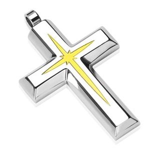 Stalowa zawieszka - krzyż z mniejszym krzyżykiem w kolorze złota