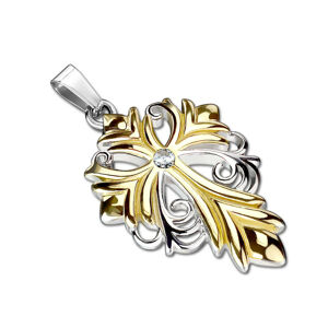 Stalowa zawieszka w kształcie krzyża złoto-srebrnego koloru - szlifowana przezroczysta cyrkonia, lśniąca powierzchnia