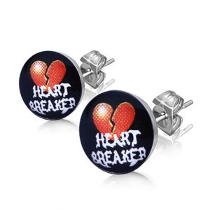 Stalowe kolczyki - przepołowione serce, napis "HEART BREAKER"