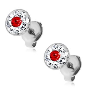 Stalowe kolczyki ozdobione kryształkami Swarovski bezbarwnego i czerwonego koloru