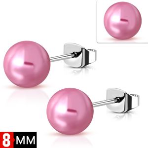 Stalowe kolczyki srebrnego koloru z perłową różową kulką, 8 mm