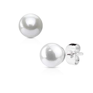 Stalowe kolczyki srebrnego koloru z syntetyczną białą perłą - Średnica: 6 mm