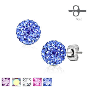 Stalowe kolczyki w srebrnym kolorze - kuleczka ozdobiona drobnymi błyszczącymi kryształkami, 7 mm - Kolor: Niebieski