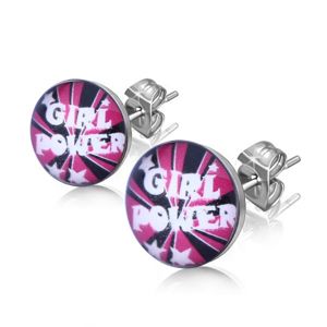 Stalowe kolczyki z gwiazdkami i napisem "Girl Power" 