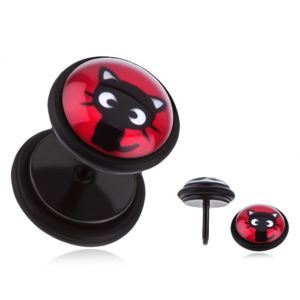 Stalowy fake plug do ucha - siedzący czarny kociak, czerwone tło