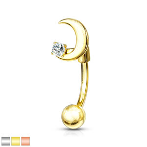 Stalowy kolczyk do brwi - półksiężyc z małym okrągłym kryształkiem, umieszczonym w koszyczku - Kolor: Złoty