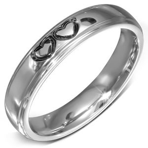 Stalowy lśniący pierścionek - gładka powierzchnia z dwoma połączonymi sercami - Rozmiar : 52