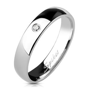 Stalowy lśniący pierścionek - przeźroczysta cyrkonia, 4 mm - Rozmiar : 49