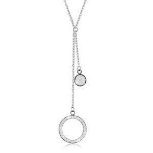 Stalowy naszyjnik - duży zarys koła z kryształkami, płaski krążek, zawieszki srebrnego koloru
