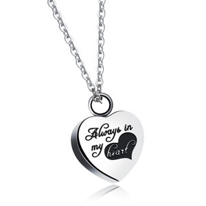 Stalowy naszyjnik, srebrny kolor - wisiorek serce  "Always in my heart" - na zawsze w moim sercu