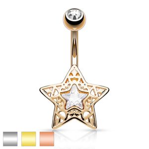 Stalowy piercing do brzucha - rzeźbiona gwiazda z błyszczącą cyrkonią na środku - Kolor kolczyka: Złoty