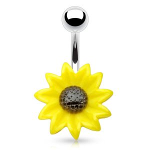 Stalowy piercing do pępka, akrylowy żółto-czarny kwiat słonecznika