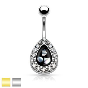Stalowy piercing do pępka, czarna kropelka z kawałkami perły, otoczona cyrkoniami - Kolor kolczyka: Srebrny