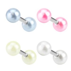 Stalowy piercing do ucha - kolorowe akrylowe perłowe kulki - Kolor kolczyka: Beżowy